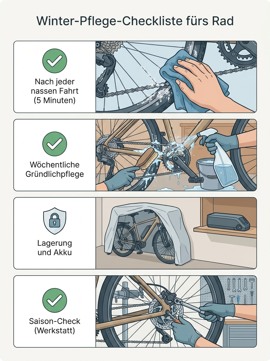 Checklisten-Visual: Pflegetipps für die nasse Jahreszeit – Kettenöl, Rahmenreinigung, Lagerung, Schutzprodukte