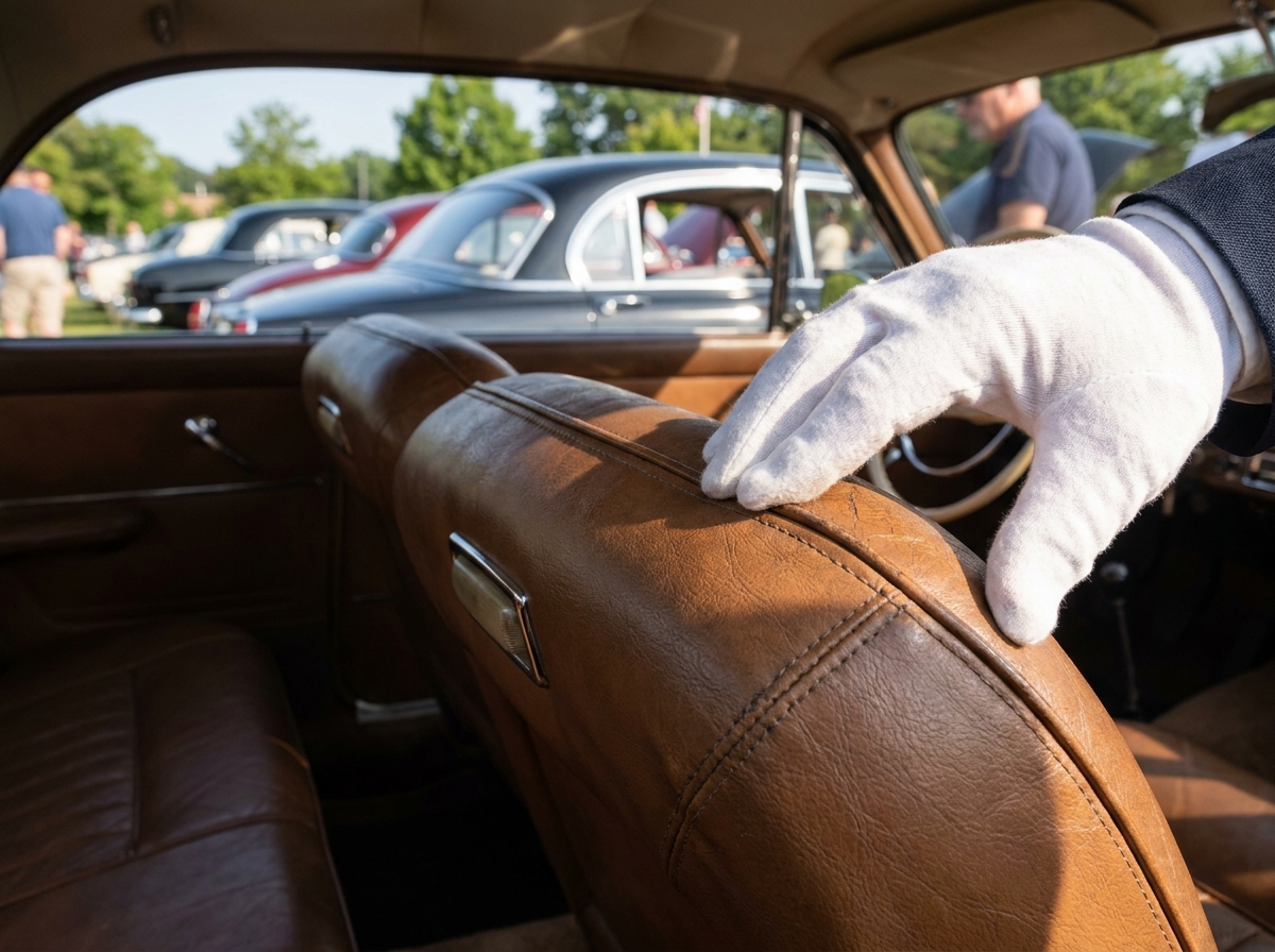 Prüfende Hand ertastet gleichmäßige Naht am Ledersitz eines Oldtimers bei einem Klassikertreffen