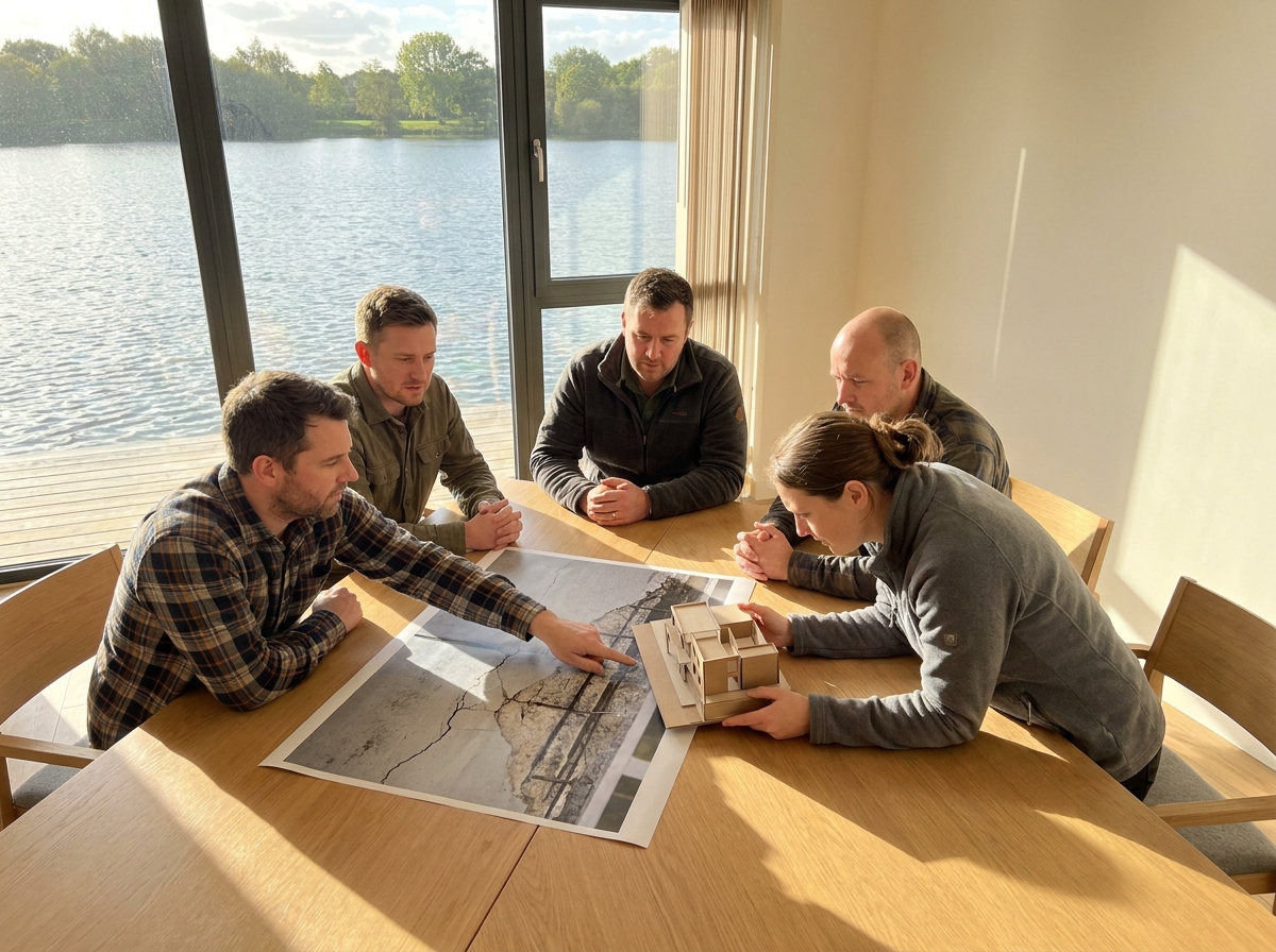 Seminarteilnehmer diskutieren an einem Tisch mit Baumodell in hellem Raum am Pichelssee in Berlin-Spandau