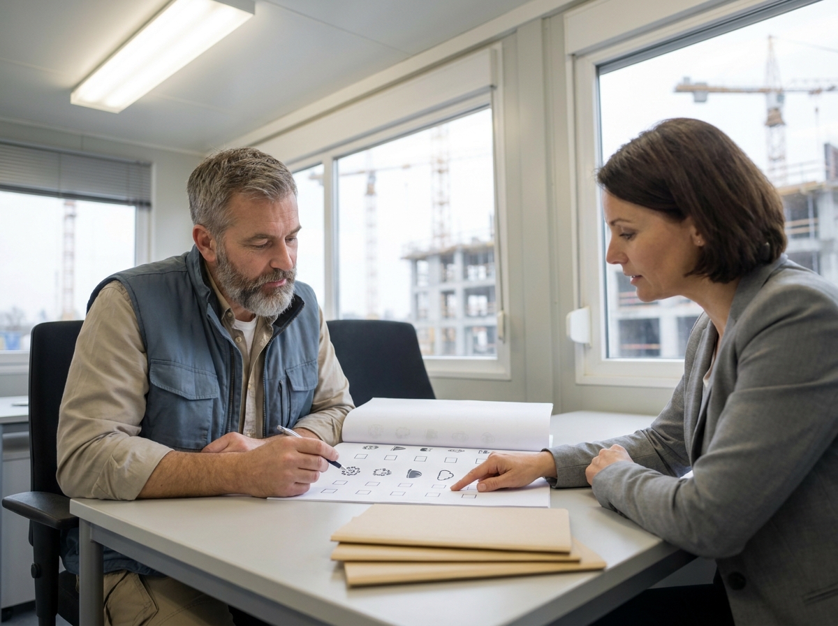 Bauleiter und Betriebsratsvertreter besprechen Compliance-Dokument mit Risikoeinstufung im Baucontainer