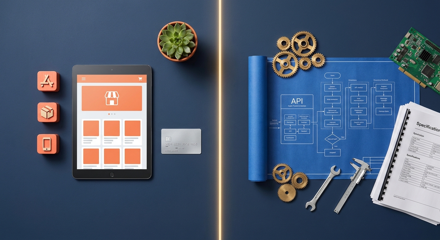 Flat-Lay-Vergleich: einfaches Tablet-Setup links versus komplexe technische Bauteile und Blueprints rechts