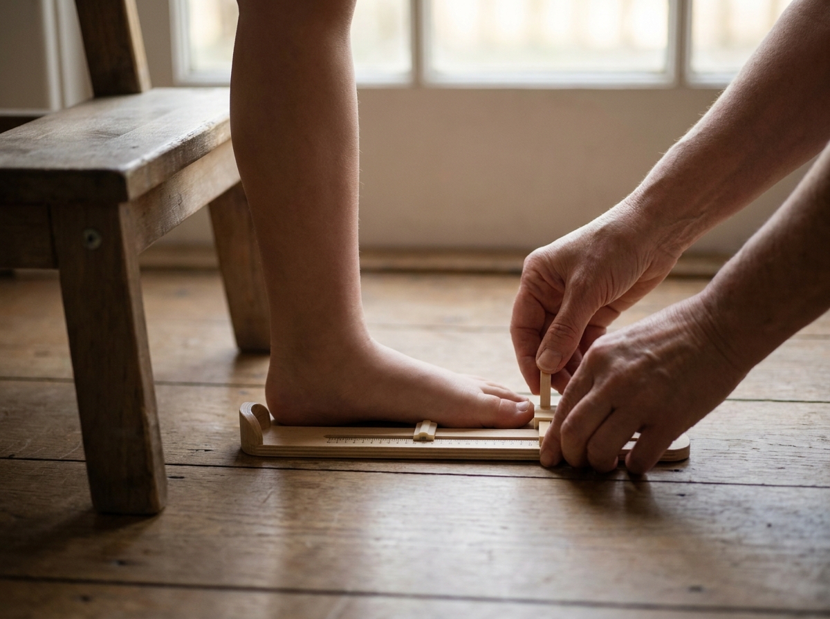 Kinderfuß wird im Stehen mit einem Messgerät sorgfältig ausgemessen