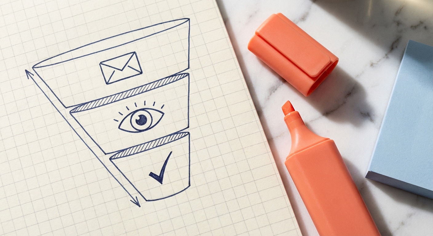 Handgezeichneter Marketing-Funnel auf Papier mit Textmarker auf Marmoroberfläche