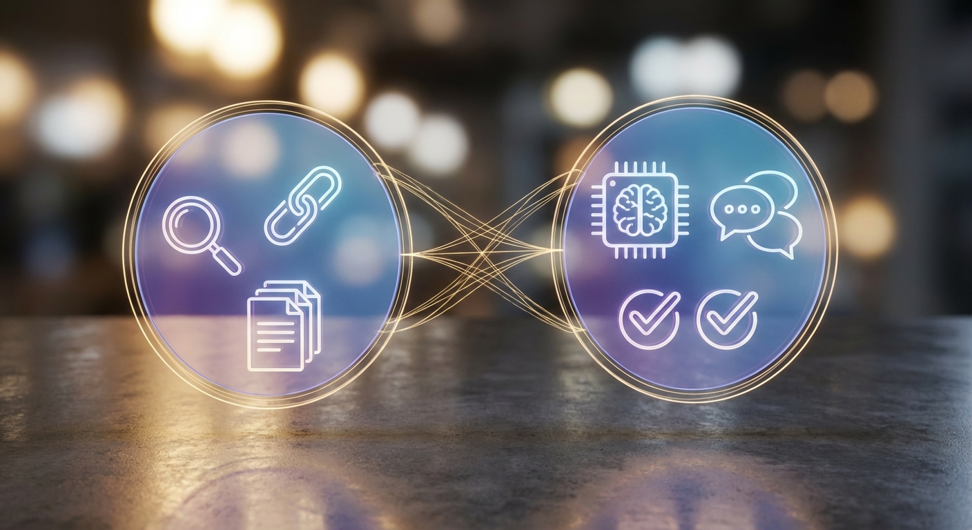 Schematische Darstellung der Unterschiede und Verbindungen zwischen SEO- und GEO-Strategien