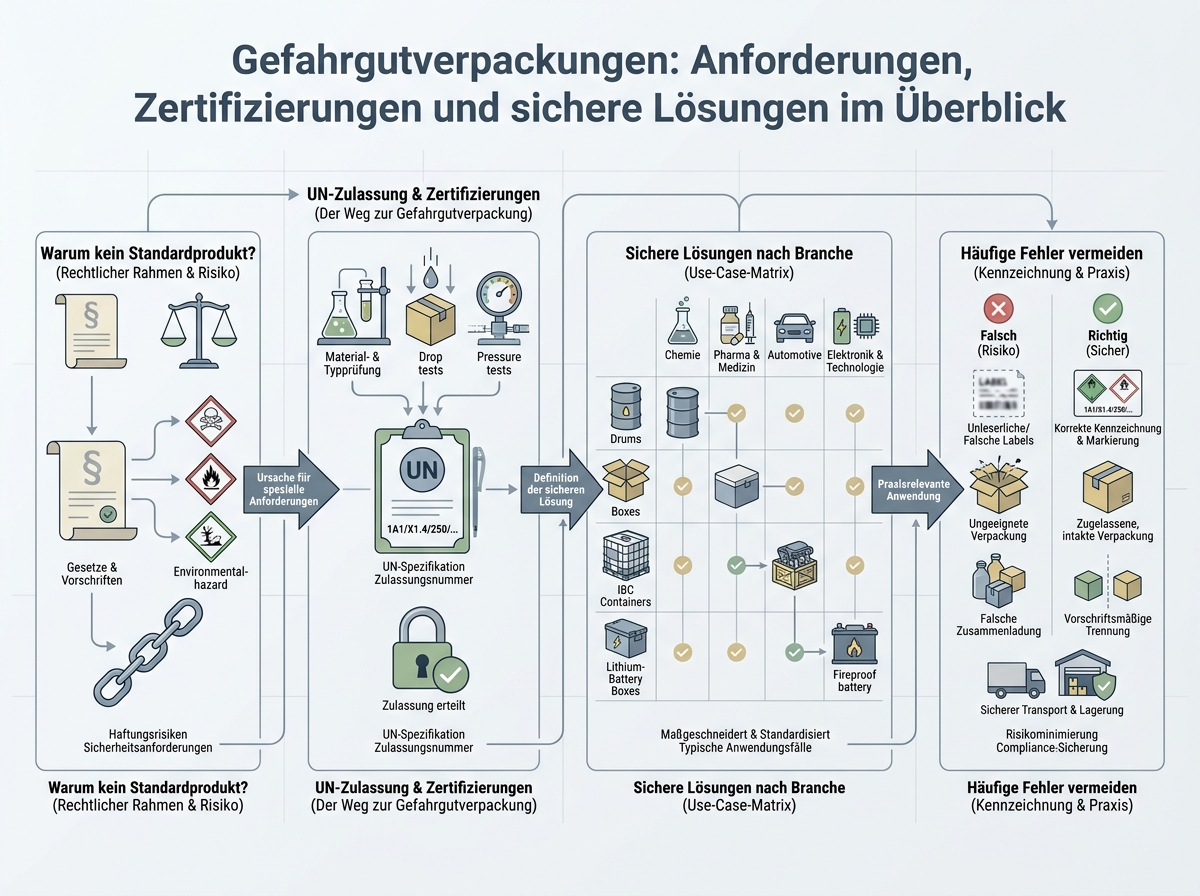 Schaubild: Gefahrgutverpackungen: Anforderungen, Zertifizierungen und sichere Lösungen im Überblick
