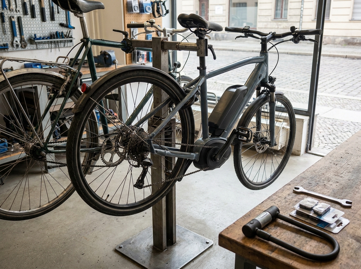 Klassisches Fahrrad und E-Bike mit Akku und Motor stehen nebeneinander in einer Werkstatt