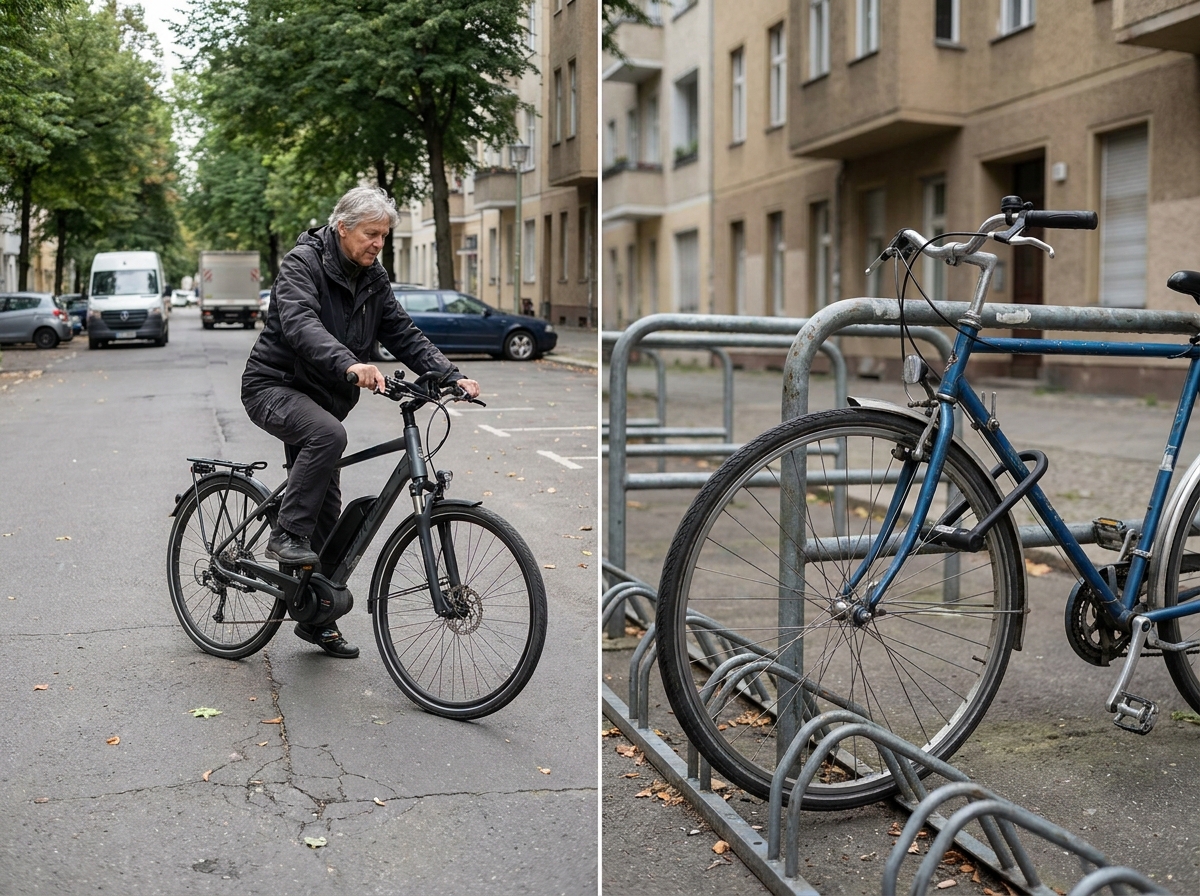 Älterer E-Bike-Fahrer übt langsames Fahren, Rad ist mit Bügelschloss am Fahrradständer gesichert