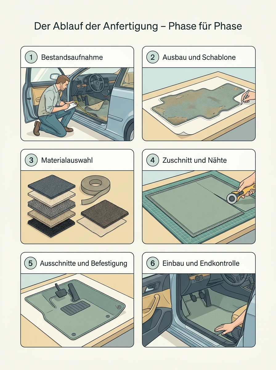 Ablaufdiagramm: Maßgefertigte Autoteppiche – Vorteile gegenüber Konfektionsware, Materialoptionen und Ablauf der Anfertigung