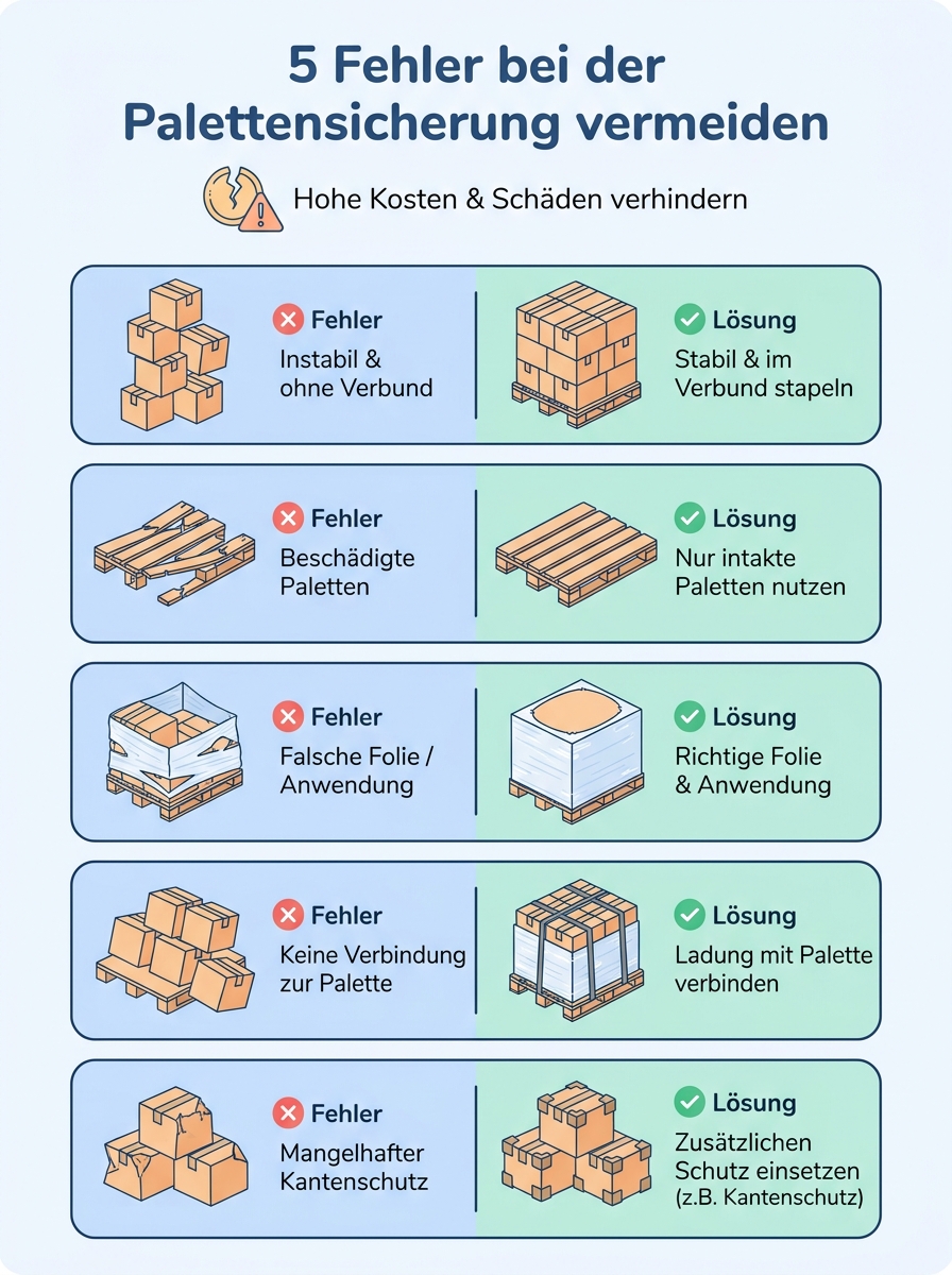Checklisten-Visual: 5 Fehler bei der Palettensicherung – und wie Sie sie vermeiden