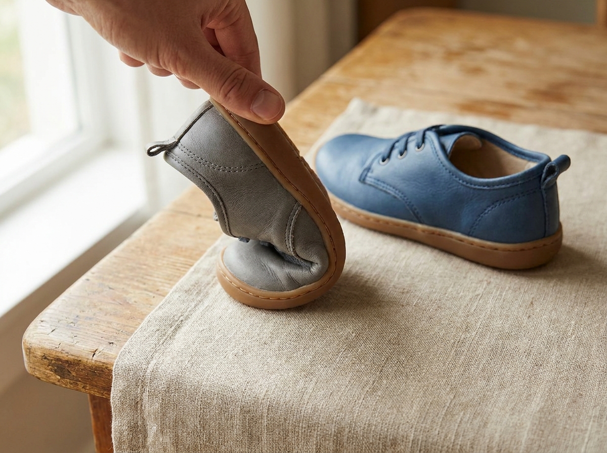 Hand biegt einen flexiblen Kinderschuh an der Sohle, daneben ein steifer Vergleichsschuh