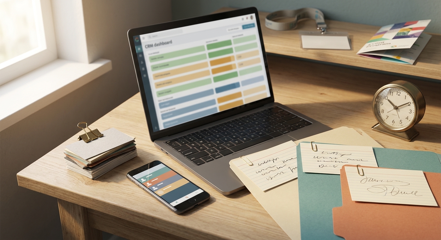 Schreibtisch mit Visitenkarten, CRM-Ansicht und personalisierten Gesprächsnotizen für Messe-Follow-up