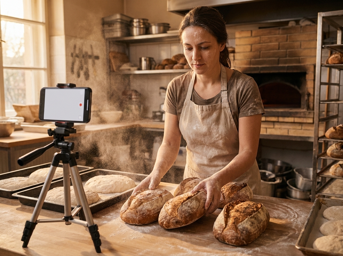 Bäckerin in Backstube wird beim Brotbacken mit Smartphone gefilmt
