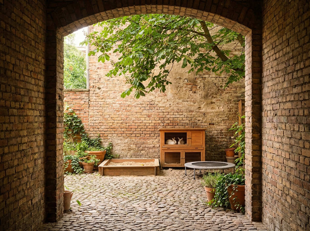 Ruhiger Berliner Hinterhof mit Trampolin, Sandkasten und Hasenstall hinter einer Hofdurchfahrt