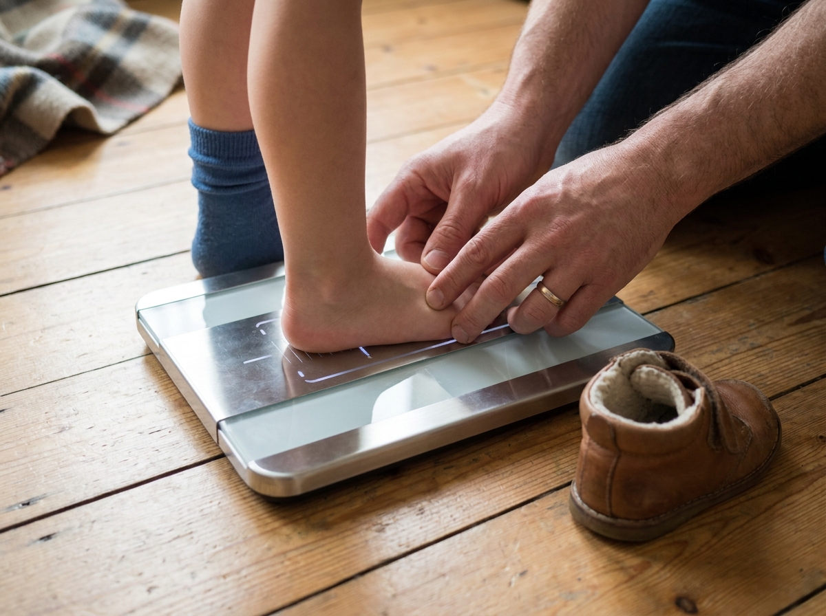 Kinderfuß wird mit einem Messgerät für Länge und Weite vermessen, daneben liegt ein offener Kinderschuh