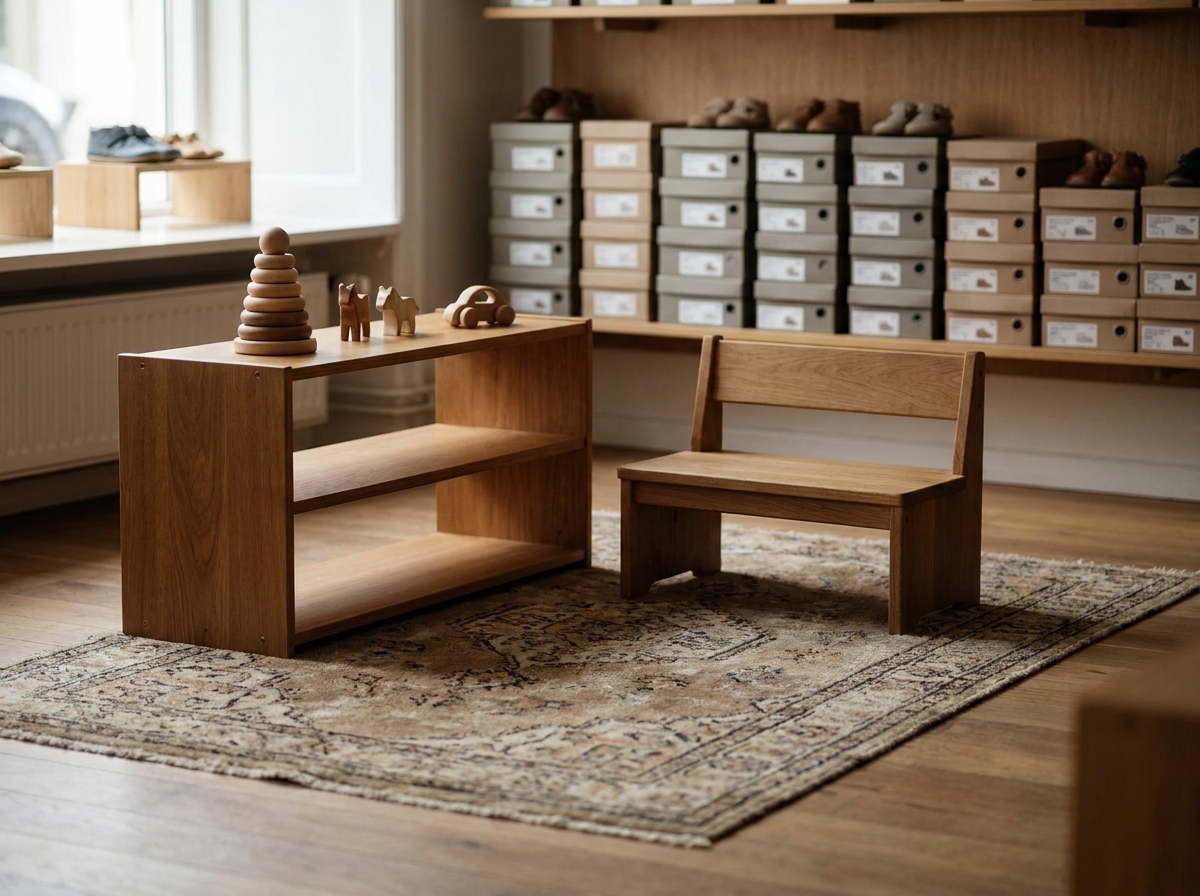 Gemütliche Spielecke mit Holzspielzeug und Sitzbank in einem Kinderschuhladen