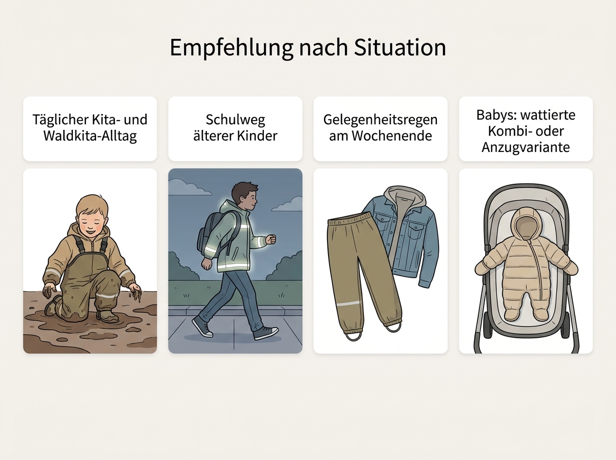 Vergleichsgrafik: Vorstellung des Sortiments an BMS-Regenjacken und Buddelhosen – worauf es bei Regenbekleidung für Kinder ankommt