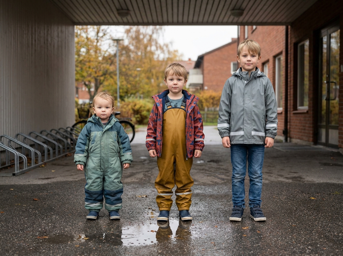 Drei Kinder mit unterschiedlicher Regenbekleidung stehen nebeneinander vor einer Kita