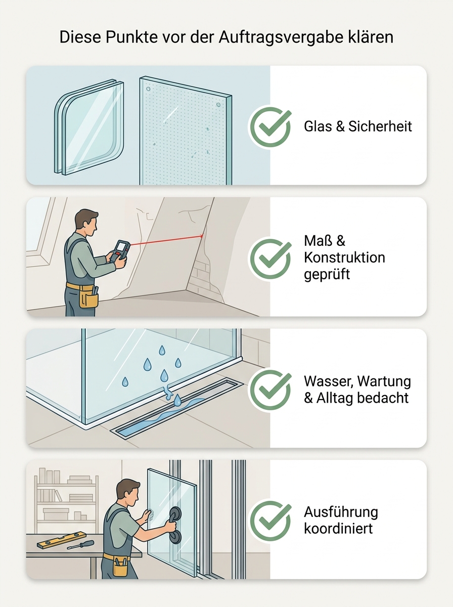 Checklisten-Visual: Häufige Planungsfehler bei Glastrennwänden, Duschabtrennungen und Verglasungen