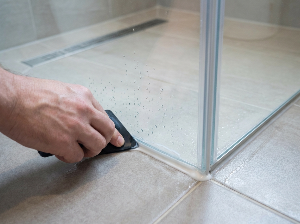 Handwerker zieht frische Silikonfuge an Glasduschwand mit sichtbarem Bodengefälle glatt