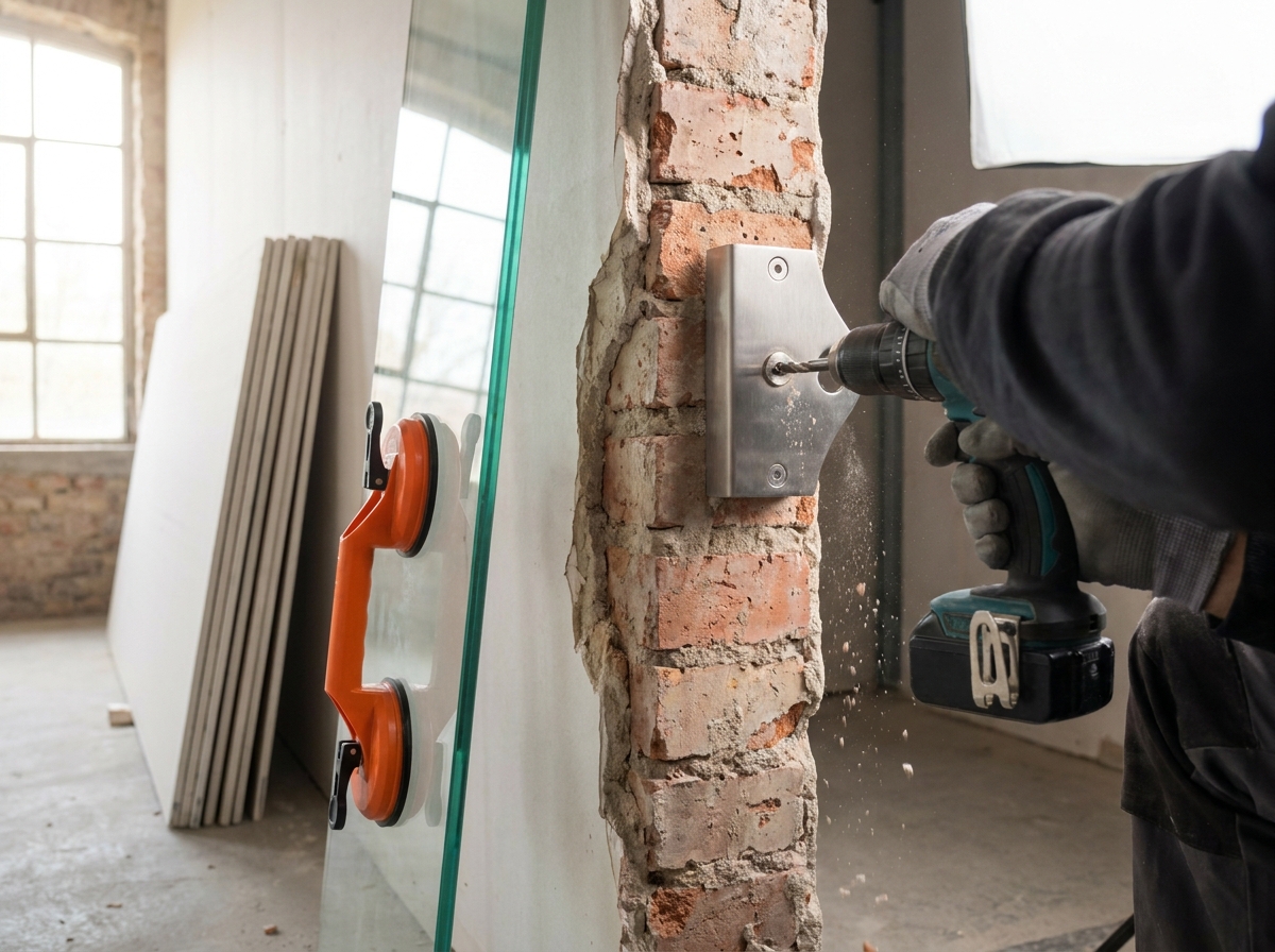 Handwerker verschraubt Glashalterung in eine massive Wand neben gestapelten Trockenbauplatten
