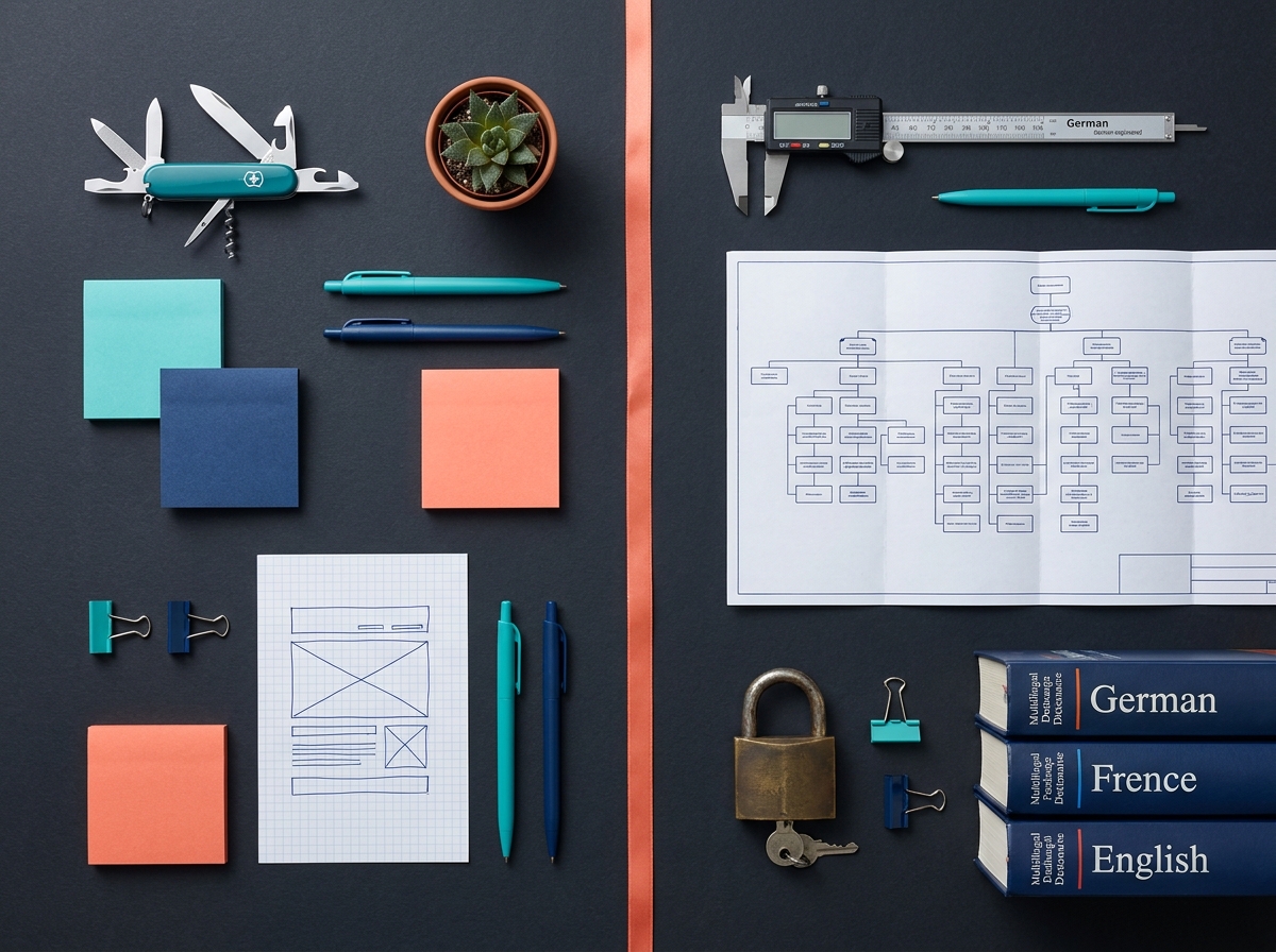 Flat-Lay-Vergleich: einfache und komplexe Werkzeuge symbolisieren zwei CMS-Ansätze