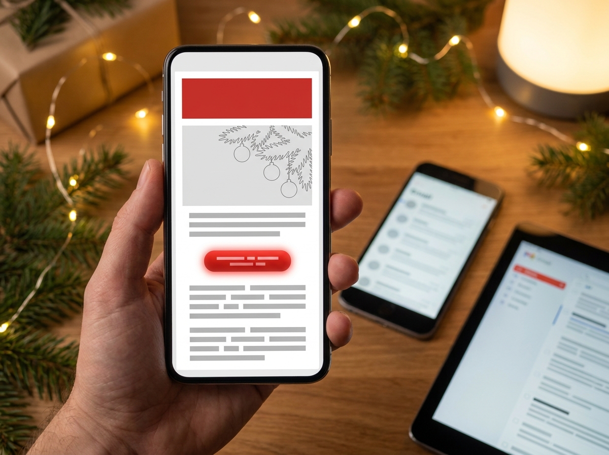 Smartphone in der Hand zeigt klar strukturierte weihnachtliche E-Mail, daneben weitere Geräte zum Test