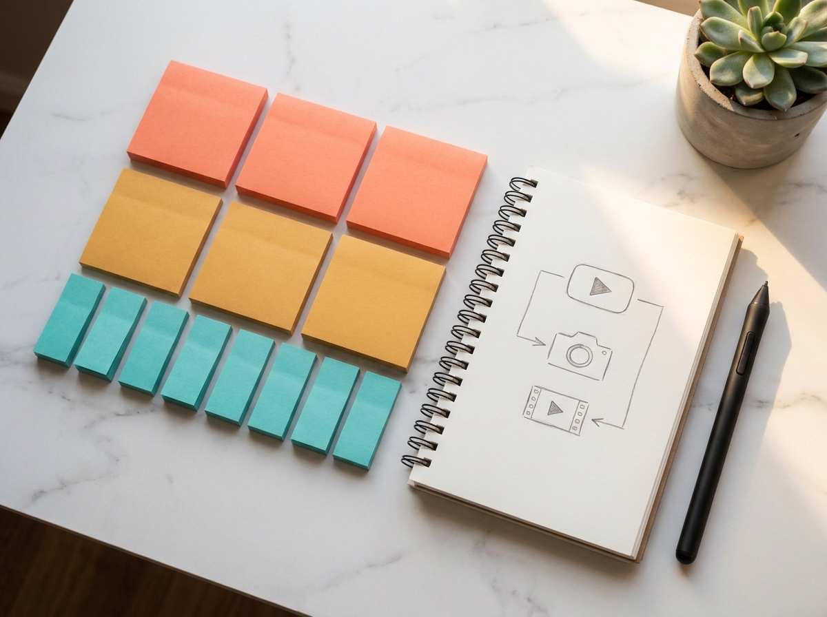Flat-Lay eines Content-Planungsarbeitsplatzes mit farbcodierten Notizen in Pyramidenstruktur