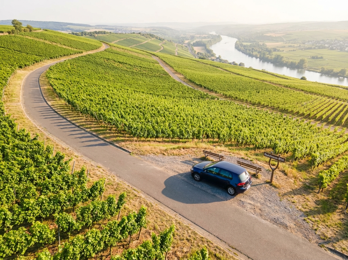 Luftaufnahme eines Aussichtspunkts an einer Weinbergstraße in Rheinhessen mit geparktem Auto