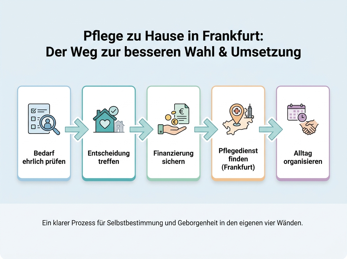 Ablaufdiagramm: Warum Pflege zu Hause fast immer die bessere Wahl ist – und wie Sie sie in Frankfurt umsetzen