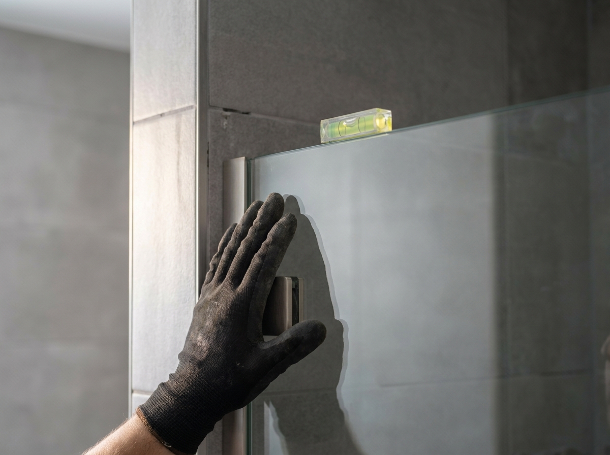 Handwerker prüft mit Wasserwaage die maßgefertigte Glasabtrennung an einer leicht schiefen Altbauwand