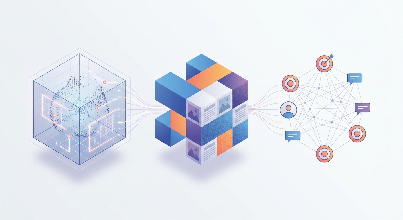 Illustration zeigt Machine Learning, generative KI und deren Marketing-Einsatzfelder als getrennte Module