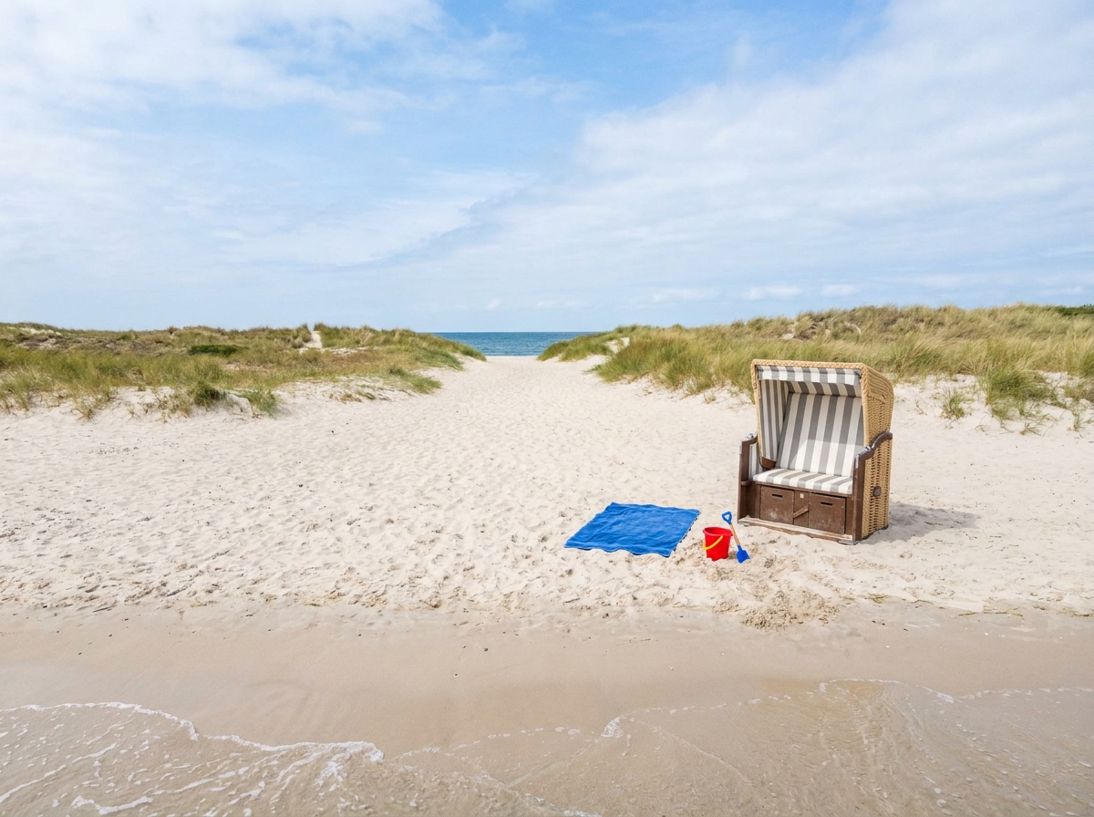 Familienfreundlicher Sylter Strand mit Strandkorb, Handtuch und flach auslaufenden Wellen