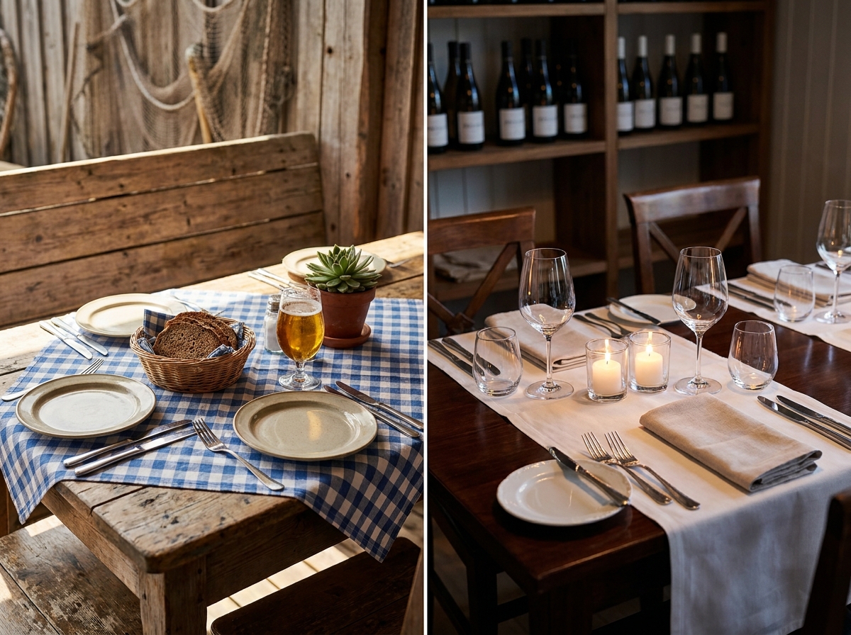 Bodenständiger Fischbudentisch neben elegant gedecktem Gourmet-Restauranttisch