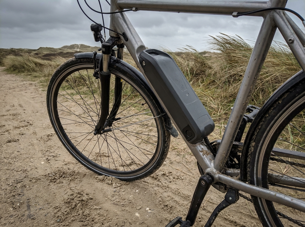 E-Bike mit Akkupack auf Küstenweg, Dünengras im Wind, ohne Fahrer