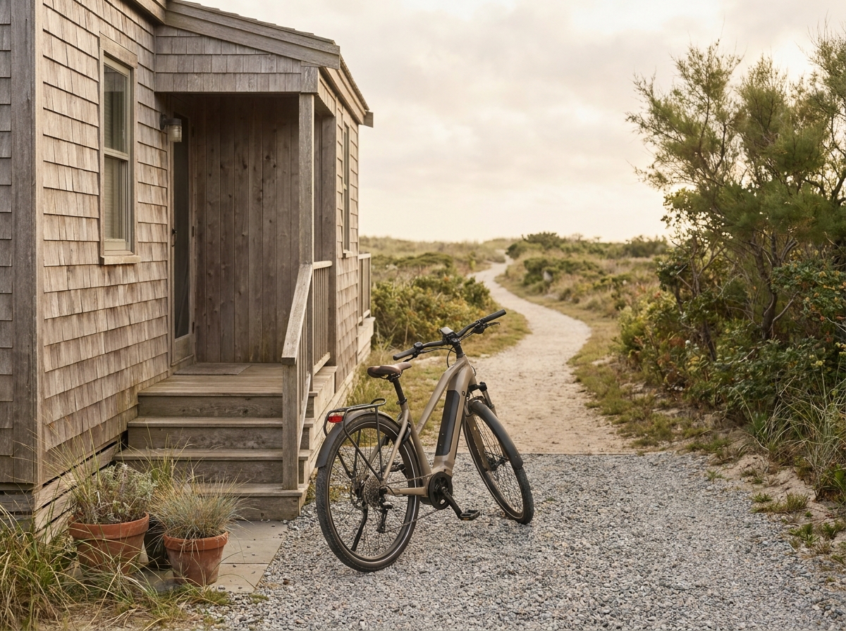 E-Bike parkt vor einem Ferienhaus am Anfang eines Radwegs