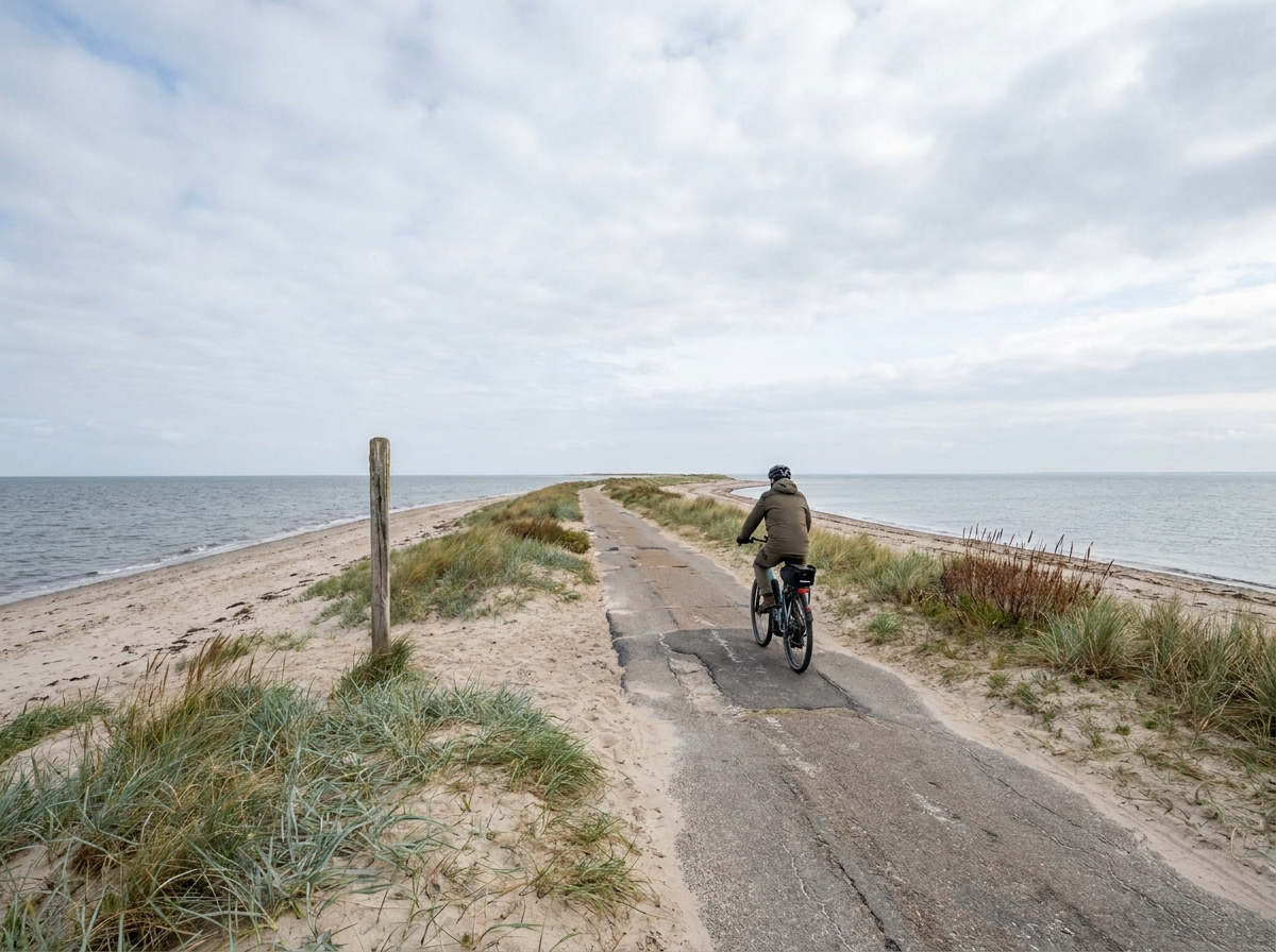 E-Bike-Fahrer auf schmalem Küstenweg mit Meer auf beiden Seiten der Insel