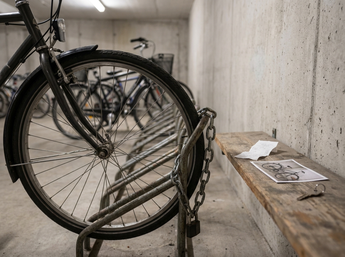 Fahrrad in einem Abstellraum gesichert, daneben Kaufbeleg und Foto als Nachweis für die Versicherung