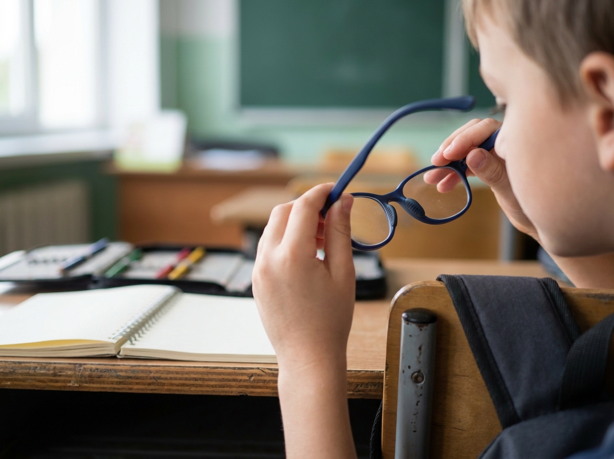 Kind justiert am Schulpult eine leichte, rutschfeste Kinderbrille