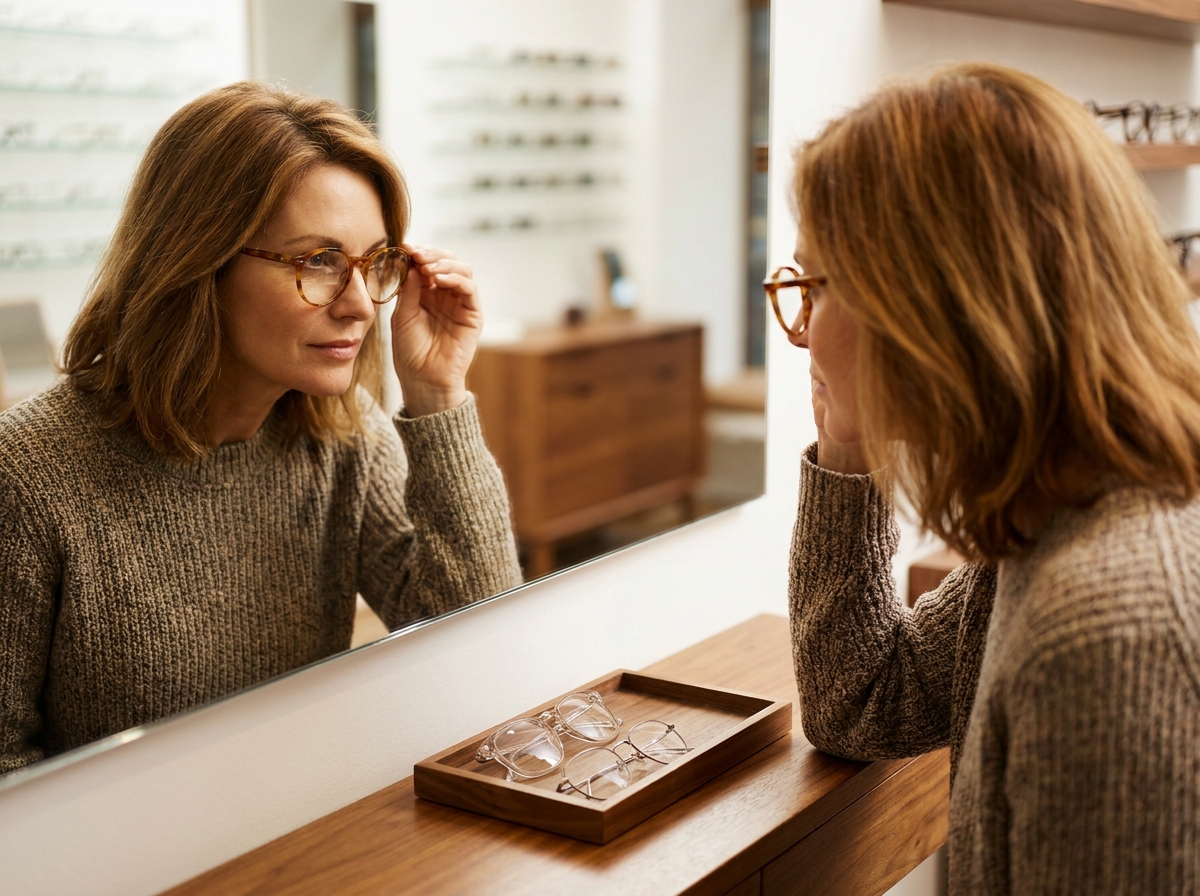 Kundin probiert vor dem Spiegel eine stilvolle Acetatbrille im Fachgeschäft an