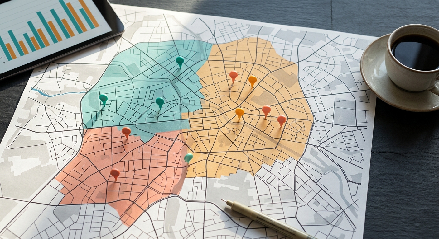 Stadtplan mit farbig markierten Postleitzahlgebieten, Pins und Tablet auf dunklem Schreibtisch