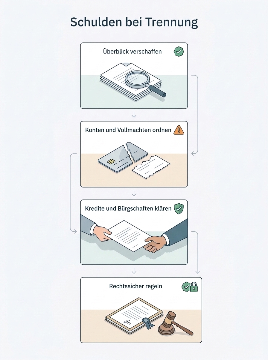 Checklisten-Visual: Schulden bei der Scheidung – gemeinsame Kredite, Bürgschaften, Gesamtschuldnerische Haftung, Schuldenaufteilung