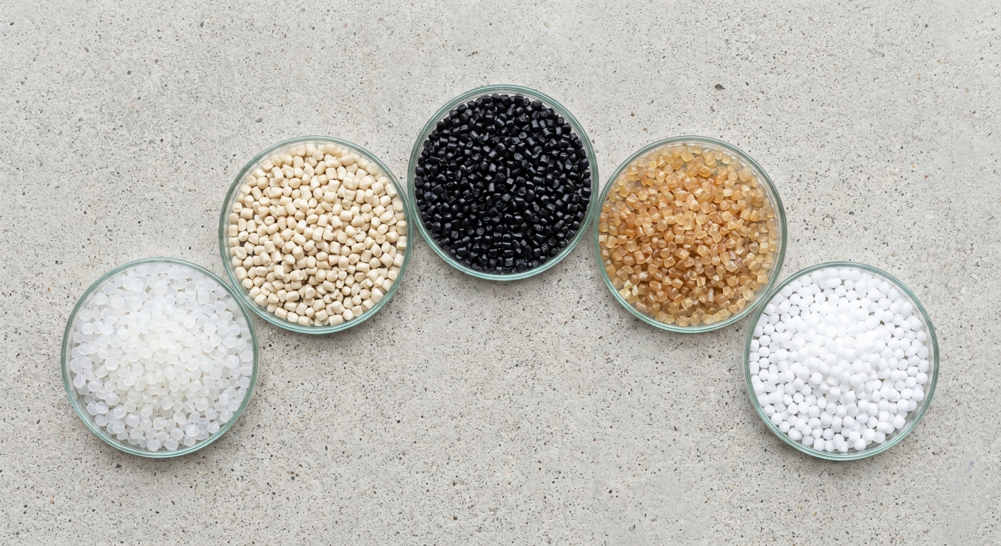 Verschiedene Kunststoffgranulate in Glasschalen zeigen die Vielfalt der Materialauswahl