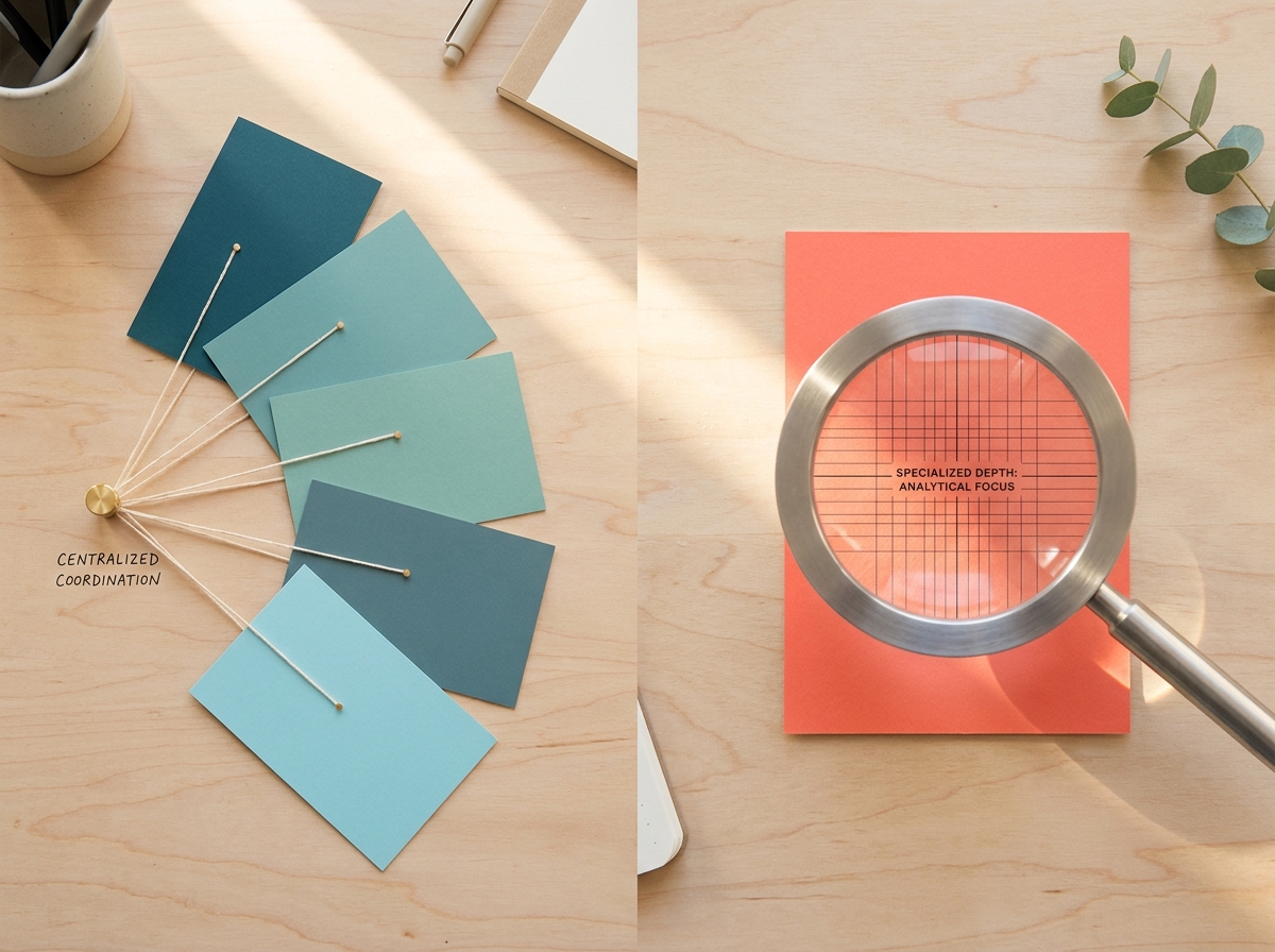 Flat-Lay mit vernetzten Karten und Lupe auf Holztisch symbolisiert Agenturentscheidung