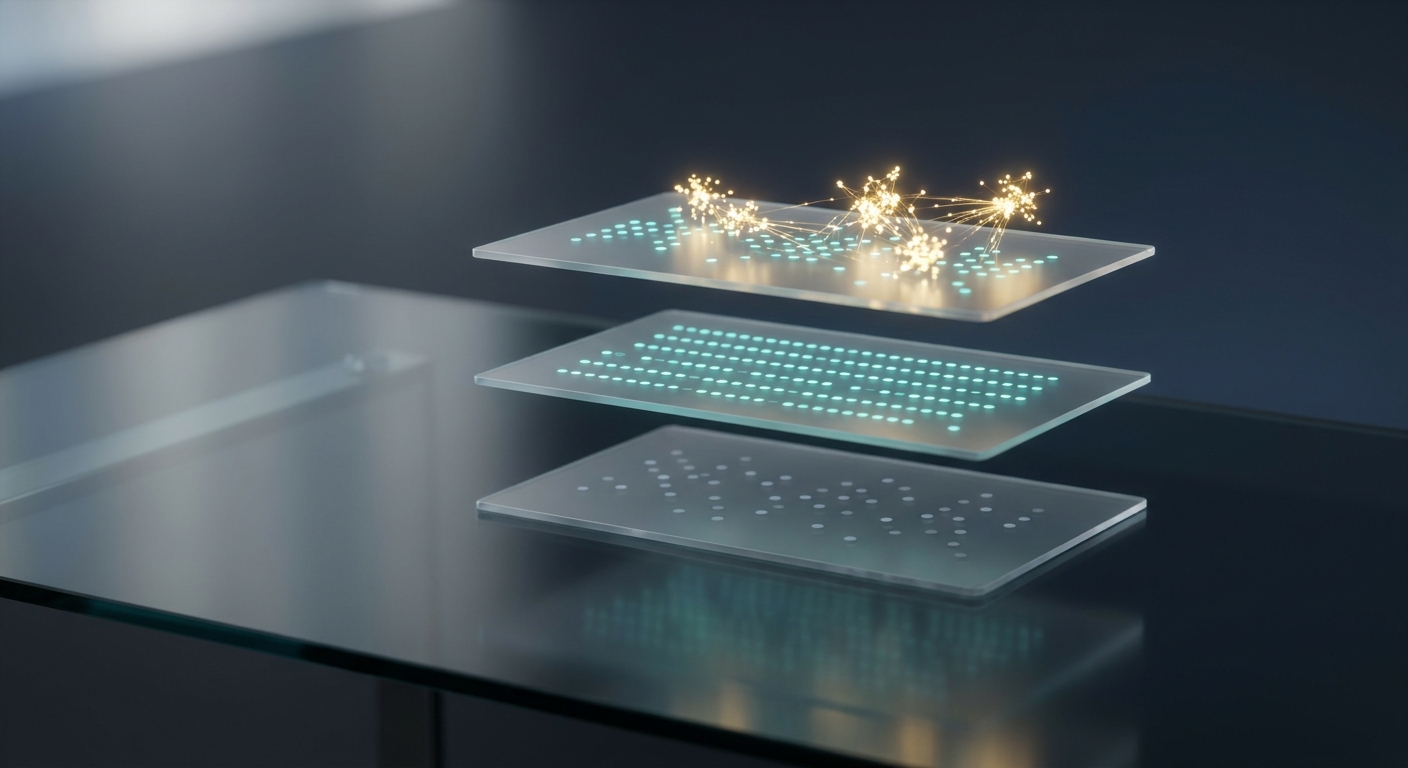 Drei holografische Ebenen über Glasfläche zeigen den Aufbau von Entity-Klarheit zu Brand Mentions