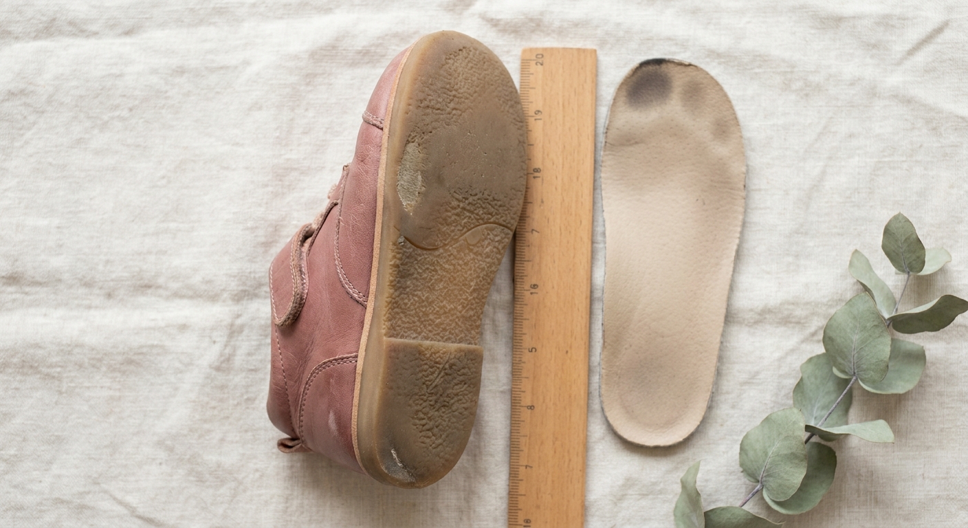 Nahaufnahme einer abgelaufenen Kinderschuhsohle und Innensohle mit Zehenabdruck am Rand
