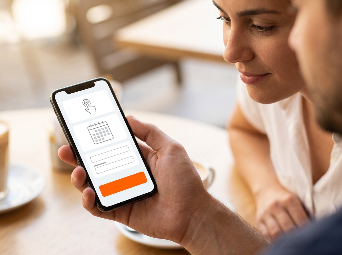 Hand mit Smartphone zeigt kurze Buchungsstrecke mit wenigen Feldern und großem Bestätigungsbutton