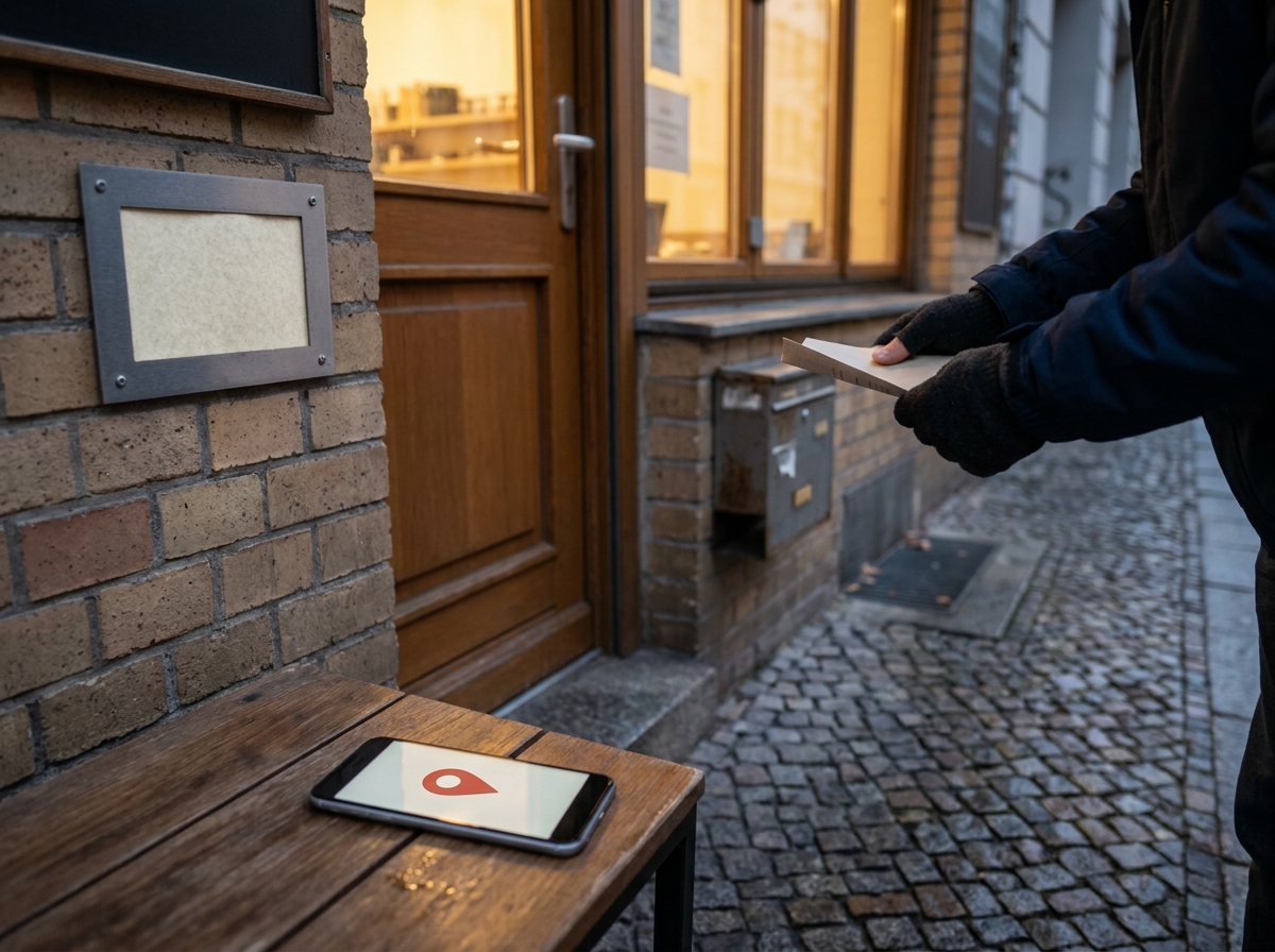 Ladeneingang mit unklarer Beschilderung und Kartenmarkierung auf einem Smartphone davor