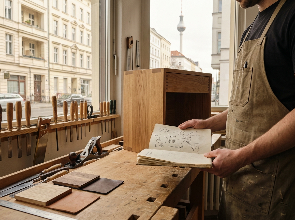 Handwerker mit echtem Produkt und Skizzenbuch in einer Werkstatt mit Berliner Stadtsilhouette im Fenster