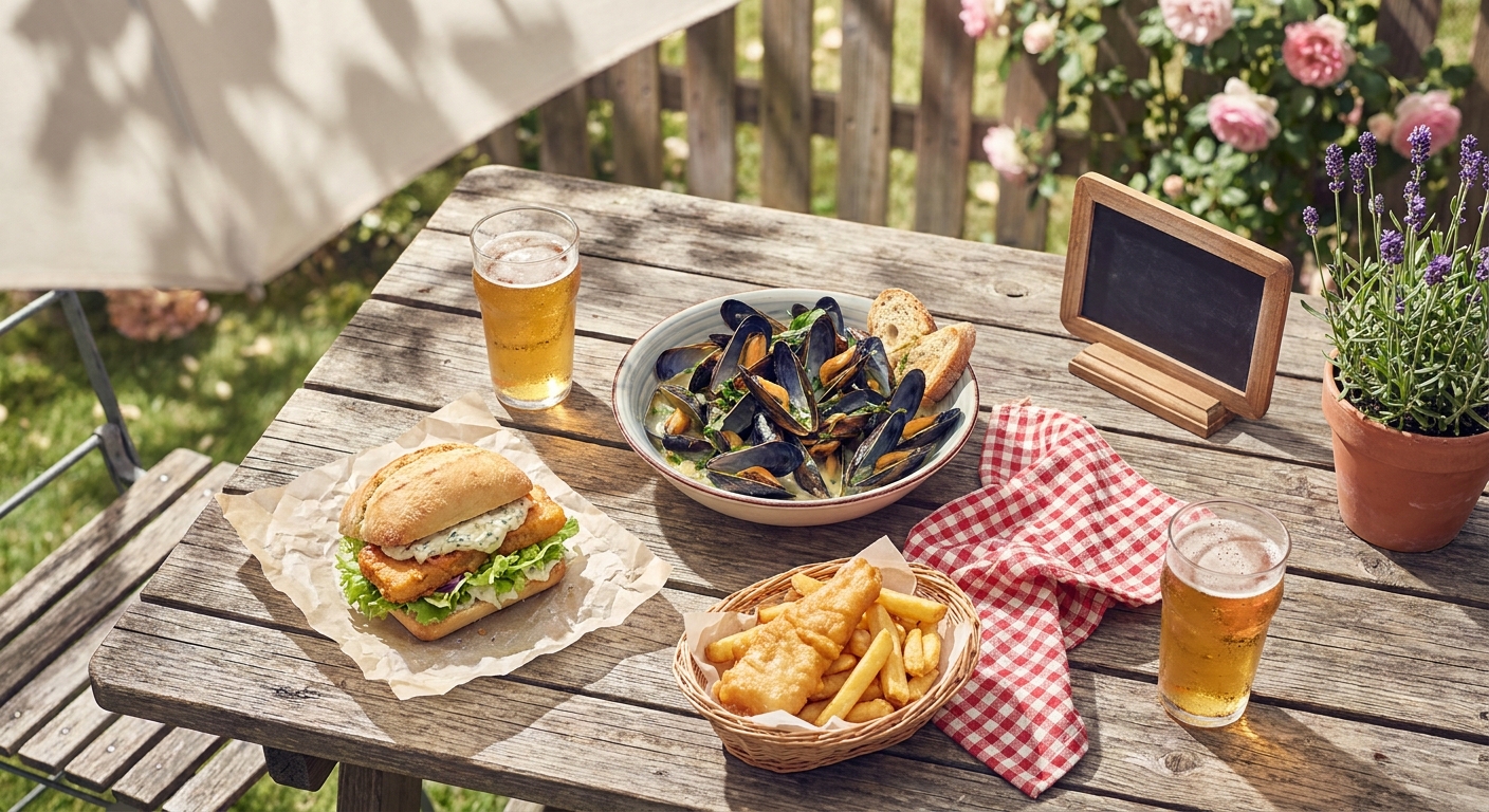 Draufsicht auf einen Gartentisch mit Fischbrötchen, Muscheln und Kindergericht in gemütlichem Ambiente