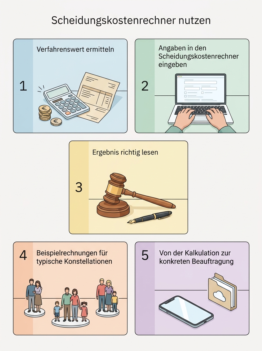 Ablaufdiagramm: Anleitung zur Nutzung des Scheidungskostenrechners, Erklärung der Berechnungsfaktoren, Beispielrechnungen